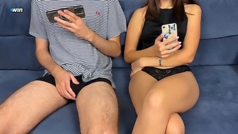 Stepbrother Joins Stepsister In Watching Porn And Masturbating, But She Surprises Him With A Handjob And Fingering That Leads To Orgasm